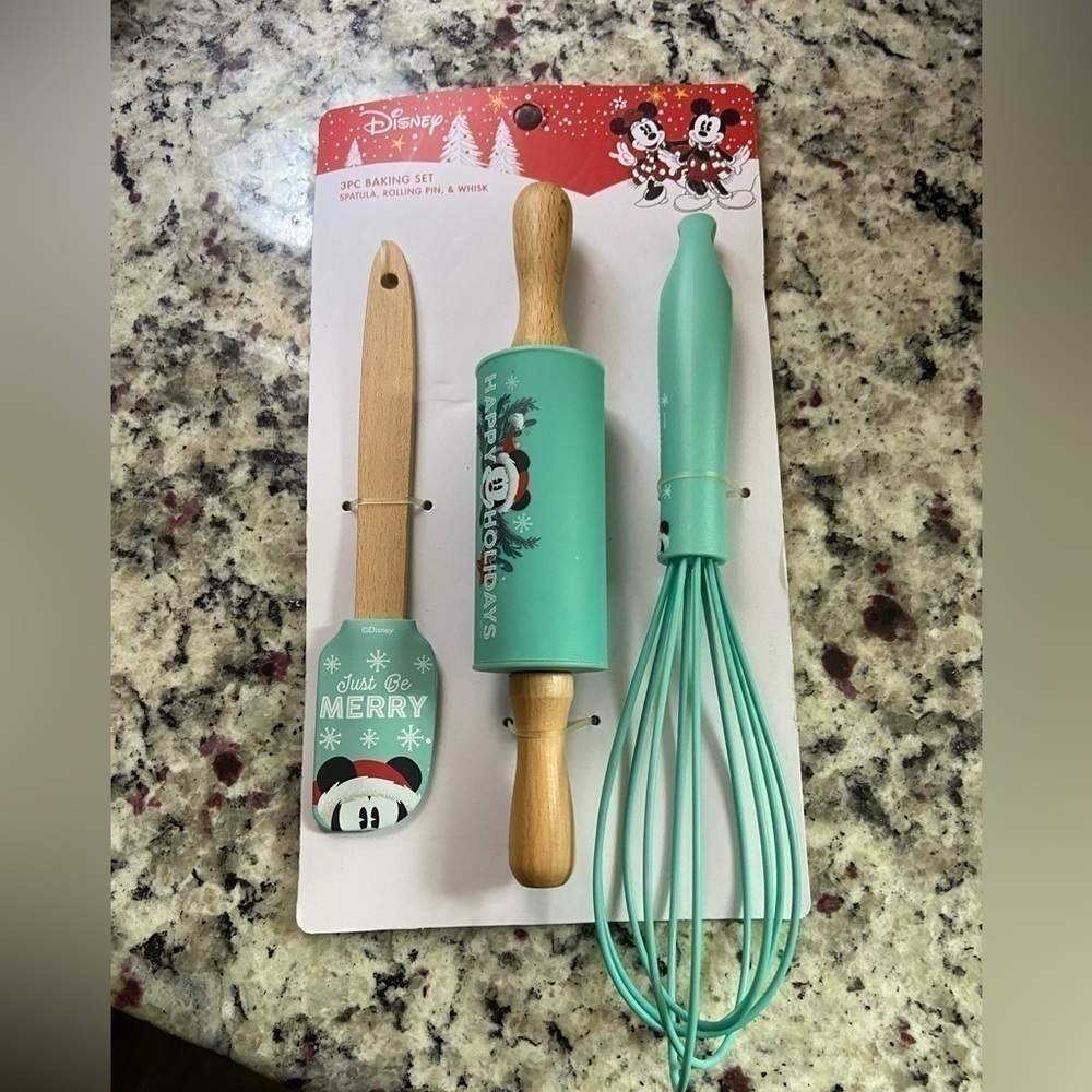 NWT Disney 3 Pack Set Silicone Spatula Rolling Pin Whisk Christmas Mickey Mouse